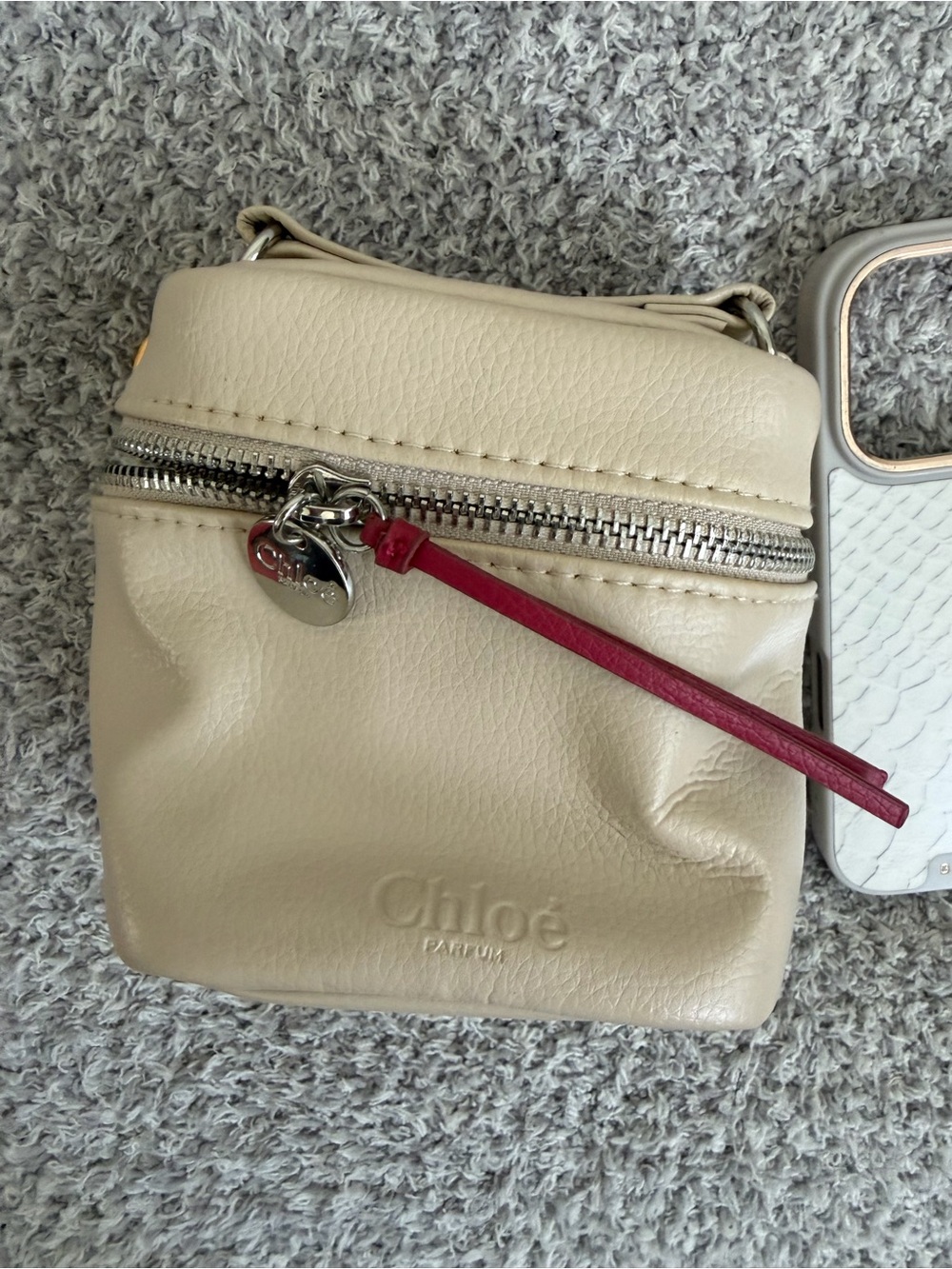 Chloé Cream Leather Crossbody with Red Zip Pull